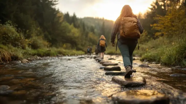 Un groupe de randonneurs traversent une rivière avec des sacs à dos