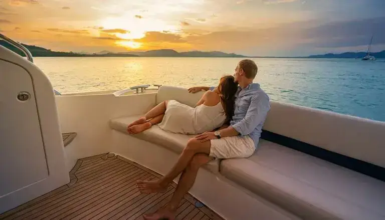 Vacances romantiques, un couple s'enlace devant un coucher de soleil dans une croisière de luxe