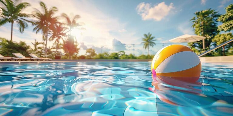 Ballon flottant dans une piscine d'un club de vacances sous le soleil
