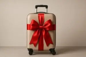 Valise avec un gros noeud rouge pour des offrir un voyage