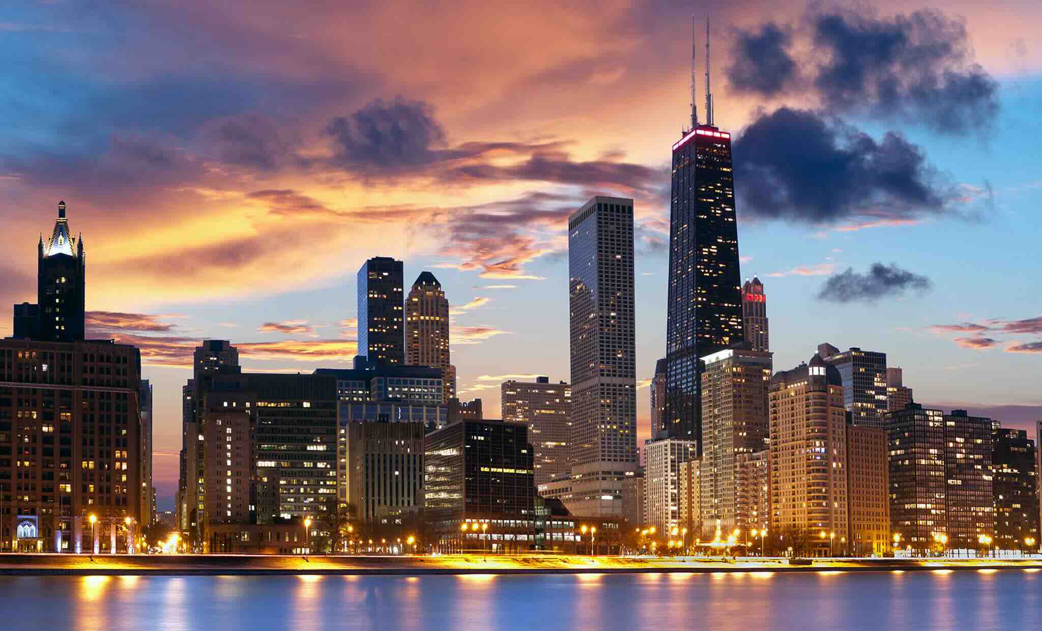 Tombée de la nuit sur les gratte ciel de Chicago