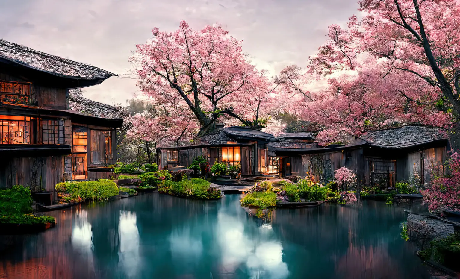 Maisons japonaises en fin de journée, lac et cerisiers en fleurs. Scène de vie au japon